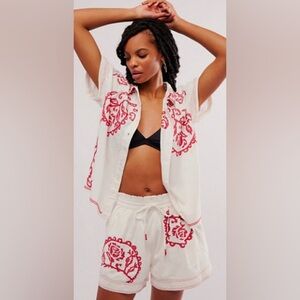 Free People Embroidered White Two-Piece Set with Rose Motifs
